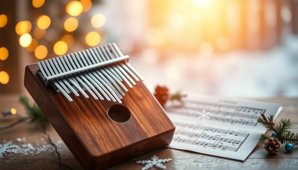 A beautifully arranged kalimba sits prominently in the foreground, illuminated by soft, warm golden light that evokes a festive atmosphere. The instrument, with its polished wooden body and gleaming metal tines, is set against a subtle bokeh effect of twinkling holiday lights, creating a dreamy ambiance. In the middle ground, sheet music with the notes of "Jingle Bells" is gently spread out, hinting at the joyful melody to be played. In the background, a softly blurred winter scene with snowflakes falling lightly adds a touch of seasonal magic. The overall mood is warm and inviting, perfect for celebrating the holidays and promoting joyful learning through music. A beautifully arranged kalimba sits prominently in the foreground, illuminated by soft, warm golden light that evokes a festive atmosphere. The instrument, with its polished wooden body and gleaming metal tines, is set against a subtle bokeh effect of twinkling holiday lights, creating a dreamy ambiance. In the middle ground, sheet music with the notes of "Jingle Bells" is gently spread out, hinting at the joyful melody to be played. In the background, a softly blurred winter scene with snowflakes falling lightly adds a touch of seasonal magic. The overall mood is warm and inviting, perfect for celebrating the holidays and promoting joyful learning through music.