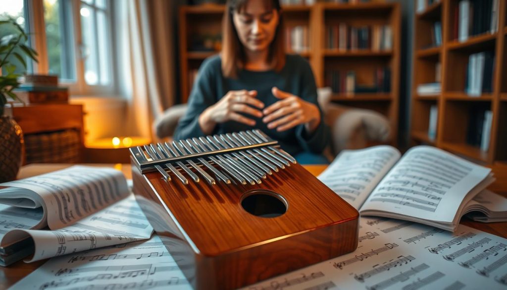 A beautifully arranged kalimba sits prominently in the foreground, its wooden body gleaming softly under warm, ambient light. The instrument's tines catch subtle reflections, hinting at their delicate craftsmanship. Surrounding the kalimba, sheet music and tablature pages are scattered, showcasing notes and rhythms that guide the musician through the piece "Sound of Silence." In the middle background, a pair of hands gently play the kalimba, fingers positioned elegantly above the tines, showcasing a calm and focused expression. The background features a cozy, well-lit room with wooden shelves lined with books, creating an inviting, serene atmosphere that emphasizes the intimate practice of learning music. The overall mood is tranquil and contemplative, inviting the viewer into the world of sound and creativity. A beautifully arranged kalimba sits prominently in the foreground, its wooden body gleaming softly under warm, ambient light. The instrument's tines catch subtle reflections, hinting at their delicate craftsmanship. Surrounding the kalimba, sheet music and tablature pages are scattered, showcasing notes and rhythms that guide the musician through the piece "Sound of Silence." In the middle background, a pair of hands gently play the kalimba, fingers positioned elegantly above the tines, showcasing a calm and focused expression. The background features a cozy, well-lit room with wooden shelves lined with books, creating an inviting, serene atmosphere that emphasizes the intimate practice of learning music. The overall mood is tranquil and contemplative, inviting the viewer into the world of sound and creativity.