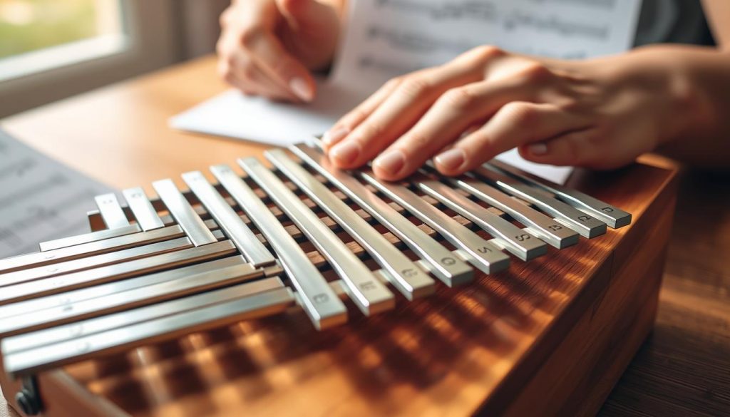 A beautifully arranged kalimba with 17 metal tines, showcasing the notes clearly on each lamina. The kalimba is positioned on a wooden table with soft natural lighting that highlights the shimmering tones of the metal and the smooth surface of the wood. In the foreground, there are close-up details of the tines, emphasizing their intricate design and labeling of the note names. In the middle, a pair of hands gently plucking the tines, demonstrating the playing technique, with fingers positioned delicately. The background features a soft-focus image of sheet music partially visible, creating an inviting atmosphere for beginners. The overall mood is warm and encouraging, ideal for someone eager to learn to play "Frère Jacques." A beautifully arranged kalimba with 17 metal tines, showcasing the notes clearly on each lamina. The kalimba is positioned on a wooden table with soft natural lighting that highlights the shimmering tones of the metal and the smooth surface of the wood. In the foreground, there are close-up details of the tines, emphasizing their intricate design and labeling of the note names. In the middle, a pair of hands gently plucking the tines, demonstrating the playing technique, with fingers positioned delicately. The background features a soft-focus image of sheet music partially visible, creating an inviting atmosphere for beginners. The overall mood is warm and encouraging, ideal for someone eager to learn to play "Frère Jacques."