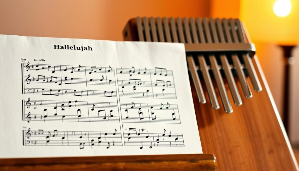 A beautifully arranged sheet music featuring the notes for "Hallelujah" in a clear and visually engaging manner. In the foreground, highlight the musical notation presented in a letter format, with distinct notes and symbols that evoke a sense of rhythm and melody. The middle ground includes a subtle hint of a kalimba, with its sleek wooden finish and shiny metal tines peeking from the side, suggesting its role in conveying the piece. In the background, create a soft, ambient lighting effect that bathes the scene in warm tones, reminiscent of a cozy music studio, allowing the focus to remain on the partition while adding a touch of inviting atmosphere. The composition should evoke a feeling of inspiration and creativity without any text or overlays. A beautifully arranged sheet music featuring the notes for "Hallelujah" in a clear and visually engaging manner. In the foreground, highlight the musical notation presented in a letter format, with distinct notes and symbols that evoke a sense of rhythm and melody. The middle ground includes a subtle hint of a kalimba, with its sleek wooden finish and shiny metal tines peeking from the side, suggesting its role in conveying the piece. In the background, create a soft, ambient lighting effect that bathes the scene in warm tones, reminiscent of a cozy music studio, allowing the focus to remain on the partition while adding a touch of inviting atmosphere. The composition should evoke a feeling of inspiration and creativity without any text or overlays.