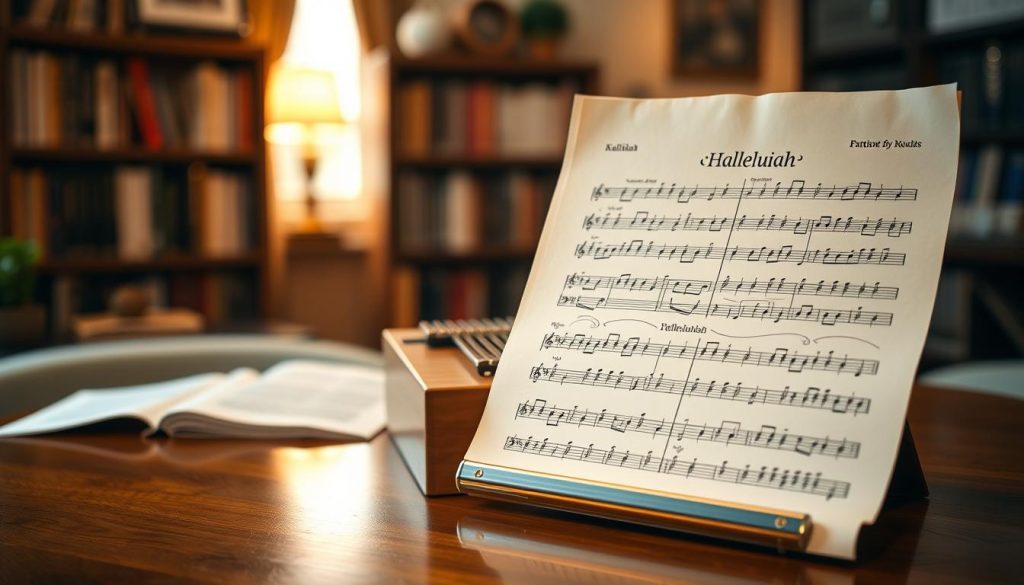 A beautifully arranged sheet music partition for "Hallelujah" for kalimba, displayed prominently in the foreground. The sheet features clear, clean notation on elegant, parchment-like paper, with 17 lines of music, adorned with subtle musical symbols. In the middle ground, a soft-focus kalimba rests on a polished wooden table, reflecting gentle light. Behind it, a cozy room setting with warm, ambient lighting creates an inviting atmosphere, featuring a bookshelf filled with musical scores and a soft window glow. The scene conveys a mood of serenity and inspiration, as if inviting the viewer to embrace the music and learn. A shallow depth of field subtly blurs the background while keeping the sheet music and kalimba crisp and detailed, creating a warm, inviting feel for readers interested in music. A beautifully arranged sheet music partition for "Hallelujah" for kalimba, displayed prominently in the foreground. The sheet features clear, clean notation on elegant, parchment-like paper, with 17 lines of music, adorned with subtle musical symbols. In the middle ground, a soft-focus kalimba rests on a polished wooden table, reflecting gentle light. Behind it, a cozy room setting with warm, ambient lighting creates an inviting atmosphere, featuring a bookshelf filled with musical scores and a soft window glow. The scene conveys a mood of serenity and inspiration, as if inviting the viewer to embrace the music and learn. A shallow depth of field subtly blurs the background while keeping the sheet music and kalimba crisp and detailed, creating a warm, inviting feel for readers interested in music.