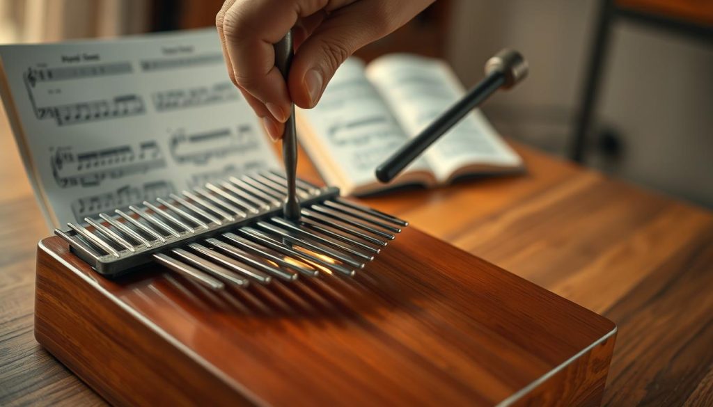 A beautifully crafted 17-note kalimba sits prominently in the foreground, its wooden body glistening under soft, warm lighting. The polished keys, made of steel, reflect light with a gentle sheen, showcasing their precise tuning. A delicate hand, dressed in modest casual clothing, holds a tuning hammer, poised to adjust one of the tines. In the middle ground, music sheets with simple notes are partially visible, hinting at the melody "Au clair de la lune," suggesting the context of learning. The background features a cozy, softly lit room with a wooden table, adding warmth to the atmosphere while inspiring a sense of creativity and focus. The overall mood is inviting and serene, perfect for a beginner's musical journey. A beautifully crafted 17-note kalimba sits prominently in the foreground, its wooden body glistening under soft, warm lighting. The polished keys, made of steel, reflect light with a gentle sheen, showcasing their precise tuning. A delicate hand, dressed in modest casual clothing, holds a tuning hammer, poised to adjust one of the tines. In the middle ground, music sheets with simple notes are partially visible, hinting at the melody "Au clair de la lune," suggesting the context of learning. The background features a cozy, softly lit room with a wooden table, adding warmth to the atmosphere while inspiring a sense of creativity and focus. The overall mood is inviting and serene, perfect for a beginner's musical journey.