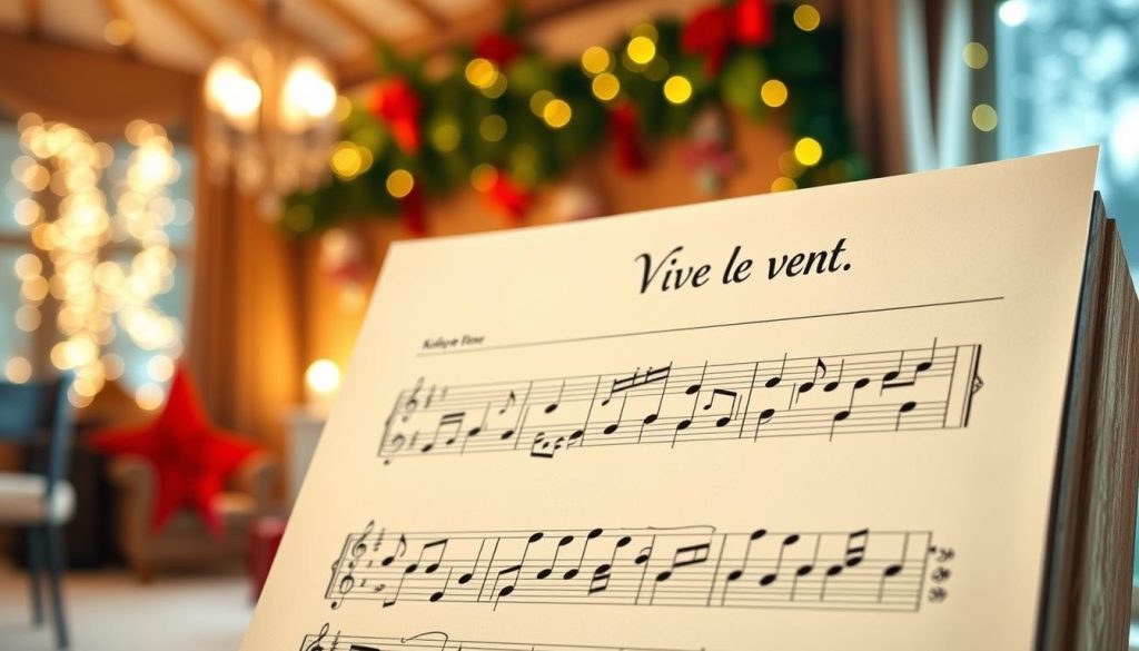 A beautifully illustrated sheet music partition of "Vive le vent" designed for kalimba, displayed prominently in the foreground. The music notes are clearly visible, with an elegant and festive visual style, incorporating soft, cheerful colors like green, red, and gold to evoke a holiday atmosphere. The middle ground features seasonal decorations such as snowflakes and holly to enhance the festive theme, while a subtle, blurred background shows a cozy indoor setting, reminiscent of a holiday gathering, with twinkling fairy lights and a warm glow. The lighting is soft and inviting, creating a joyful and uplifting mood, perfect for celebrating the holidays. A beautifully illustrated sheet music partition of "Vive le vent" designed for kalimba, displayed prominently in the foreground. The music notes are clearly visible, with an elegant and festive visual style, incorporating soft, cheerful colors like green, red, and gold to evoke a holiday atmosphere. The middle ground features seasonal decorations such as snowflakes and holly to enhance the festive theme, while a subtle, blurred background shows a cozy indoor setting, reminiscent of a holiday gathering, with twinkling fairy lights and a warm glow. The lighting is soft and inviting, creating a joyful and uplifting mood, perfect for celebrating the holidays.