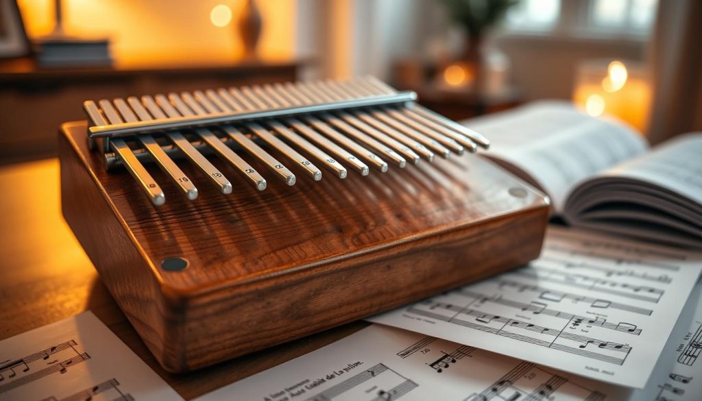 A close-up view of a kalimba, beautifully crafted with 17 metal tines, positioned on a wooden table. Each tine is meticulously labeled with numbers and notes, showcasing a beginner's tablature for "Au clair de la lune." The kalimba is surrounded by soft sheet music papers, with gentle, diffused lighting casting a warm glow on the scene, highlighting the textures of both the instrument and the paper. In the background, soft-focus hints of a cozy, well-lit room evoke a sense of tranquility and creativity. The atmosphere is inviting and inspirational, perfect for capturing the essence of learning music. No text or other distractions are present in the image. A close-up view of a kalimba, beautifully crafted with 17 metal tines, positioned on a wooden table. Each tine is meticulously labeled with numbers and notes, showcasing a beginner's tablature for "Au clair de la lune." The kalimba is surrounded by soft sheet music papers, with gentle, diffused lighting casting a warm glow on the scene, highlighting the textures of both the instrument and the paper. In the background, soft-focus hints of a cozy, well-lit room evoke a sense of tranquility and creativity. The atmosphere is inviting and inspirational, perfect for capturing the essence of learning music. No text or other distractions are present in the image.