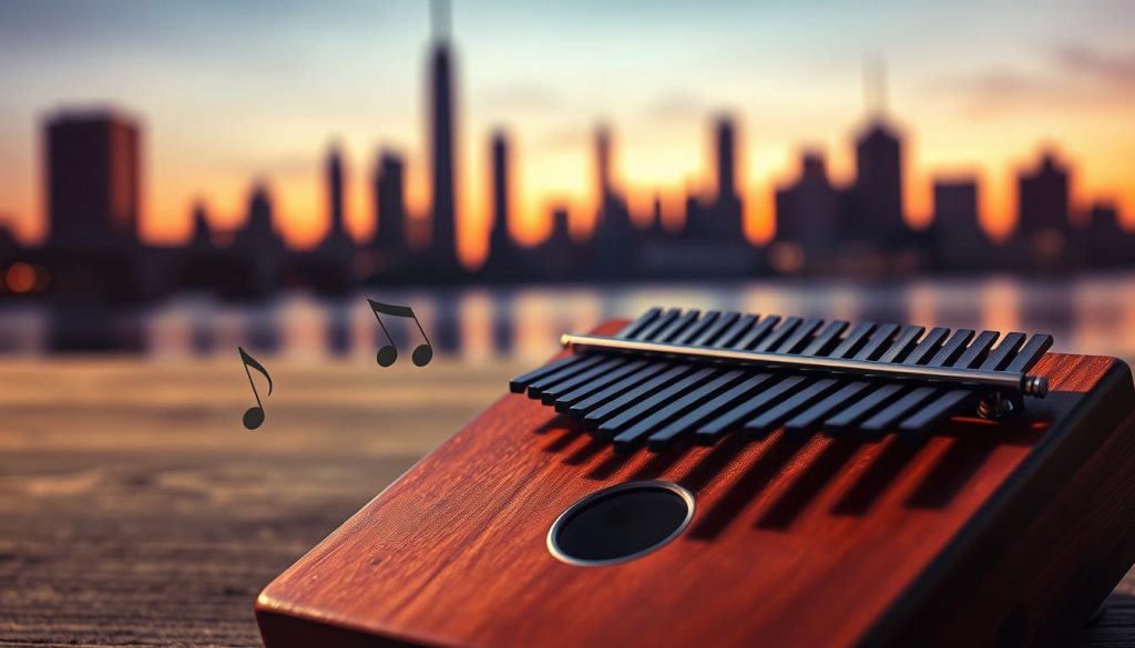A serene and visually striking representation of "The Sound of Silence" with a focus on musical elements and historical context. In the foreground, a beautifully crafted kalimba with intricate details visible, its wooden surface glimmering under soft, warm lighting. In the middle ground, subtle musical notes gracefully float around the kalimba, hinting at the melody. Behind, a blurred backdrop showcasing silhouettes of iconic cityscapes from different decades, representing the song's enduring impact through the years, with gentle gradients of twilight colors—deep purples and blues—creating a tranquil atmosphere. The overall mood is reflective and nostalgic, evoking the profound connection between music and silence. Shot with a wide-angle lens to capture depth and texture, ensuring all elements harmonize elegantly without any text or overlays. A serene and visually striking representation of "The Sound of Silence" with a focus on musical elements and historical context. In the foreground, a beautifully crafted kalimba with intricate details visible, its wooden surface glimmering under soft, warm lighting. In the middle ground, subtle musical notes gracefully float around the kalimba, hinting at the melody. Behind, a blurred backdrop showcasing silhouettes of iconic cityscapes from different decades, representing the song's enduring impact through the years, with gentle gradients of twilight colors—deep purples and blues—creating a tranquil atmosphere. The overall mood is reflective and nostalgic, evoking the profound connection between music and silence. Shot with a wide-angle lens to capture depth and texture, ensuring all elements harmonize elegantly without any text or overlays.