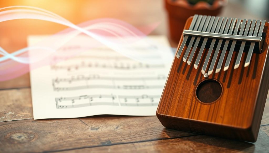 A serene, close-up view of a beautifully crafted kalimba, its wooden body gleaming softly under warm, ambient lighting. The foreground features the kalimba resting on a textured, rustic table, while the metallic tines shimmer invitingly. In the middle ground, sheet music with intricate tablature is subtly blurred, hinting at a musical piece being played. In the background, abstract sound waves and pulsating energy, represented by soft pastel colors, flow harmoniously, depicting the essence of sound and silence intertwining. The atmosphere is calming and meditative, evoking a sense of tranquility. The image is captured from a slightly elevated angle, highlighting the instrument's details while ensuring a cozy, inviting mood. A serene, close-up view of a beautifully crafted kalimba, its wooden body gleaming softly under warm, ambient lighting. The foreground features the kalimba resting on a textured, rustic table, while the metallic tines shimmer invitingly. In the middle ground, sheet music with intricate tablature is subtly blurred, hinting at a musical piece being played. In the background, abstract sound waves and pulsating energy, represented by soft pastel colors, flow harmoniously, depicting the essence of sound and silence intertwining. The atmosphere is calming and meditative, evoking a sense of tranquility. The image is captured from a slightly elevated angle, highlighting the instrument's details while ensuring a cozy, inviting mood.