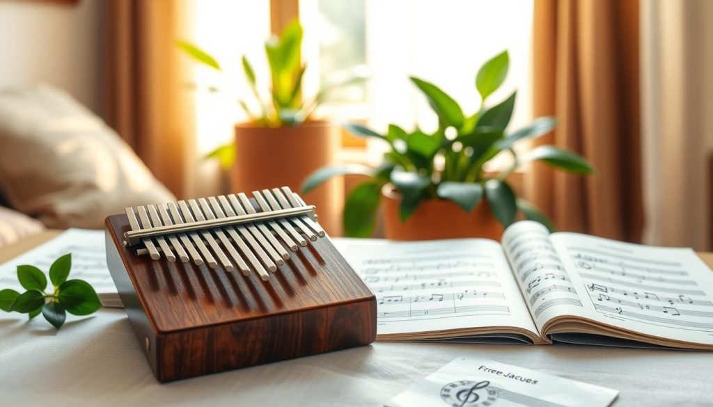 A serene, elegantly arranged tabletop scene featuring a kalimba, a traditional African musical instrument, placed prominently in the foreground. The kalimba is beautifully crafted, with polished wooden keys reflecting soft, natural light. Surrounding the kalimba are simple sheet music sheets with the notation for "Frère Jacques," showcasing easy-to-read tablature. In the middle ground, hints of a cozy and inviting room are visible, with lush green plants and warm wooden accents that enhance the atmosphere. The background features a softly blurred window with soft sunlight filtering through sheer curtains, creating a calming, inspiring ambiance. The overall mood is peaceful and encouraging, perfect for beginner musicians embarking on their musical journey. A serene, elegantly arranged tabletop scene featuring a kalimba, a traditional African musical instrument, placed prominently in the foreground. The kalimba is beautifully crafted, with polished wooden keys reflecting soft, natural light. Surrounding the kalimba are simple sheet music sheets with the notation for "Frère Jacques," showcasing easy-to-read tablature. In the middle ground, hints of a cozy and inviting room are visible, with lush green plants and warm wooden accents that enhance the atmosphere. The background features a softly blurred window with soft sunlight filtering through sheer curtains, creating a calming, inspiring ambiance. The overall mood is peaceful and encouraging, perfect for beginner musicians embarking on their musical journey.