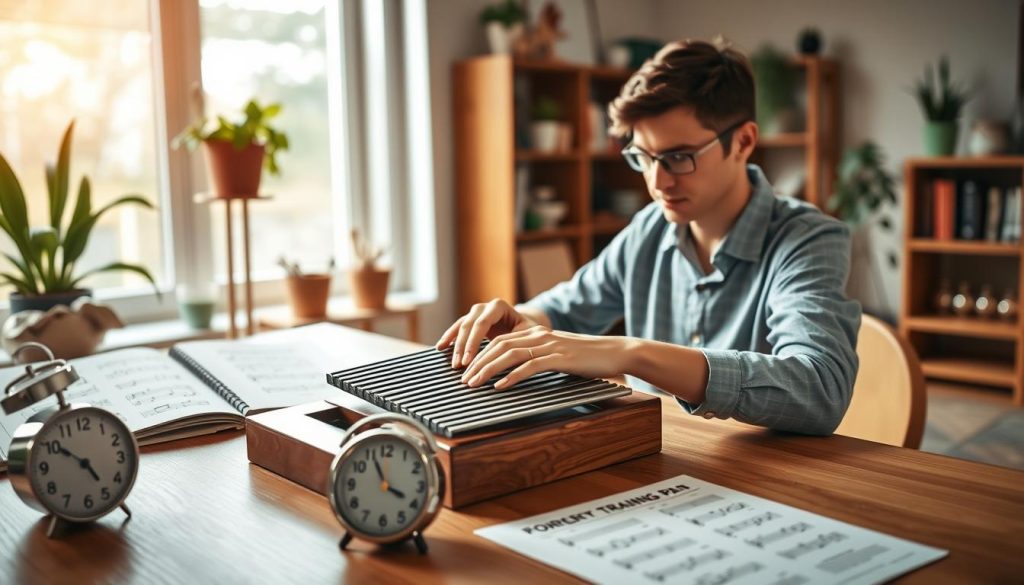 A serene indoor setting showcasing a focused individual practicing on a kalimba, capturing the essence of quick progress in music learning. In the foreground, a person dressed in casual yet professional attire sits at a wooden table, intently playing the kalimba, their fingers gracefully moving over the keys. The middle ground features sheets of music with simple notes and a clock, emphasizing a short training plan. In the background, a softly lit room with warm colors, a few houseplants, and bookshelves creates a cozy atmosphere. The lighting is soft and natural, filtering through a nearby window, casting gentle shadows that enhance the mood of concentration and dedication. The overall image conveys a sense of tranquility and determination, highlighting the journey of achieving musical skill efficiently. A serene indoor setting showcasing a focused individual practicing on a kalimba, capturing the essence of quick progress in music learning. In the foreground, a person dressed in casual yet professional attire sits at a wooden table, intently playing the kalimba, their fingers gracefully moving over the keys. The middle ground features sheets of music with simple notes and a clock, emphasizing a short training plan. In the background, a softly lit room with warm colors, a few houseplants, and bookshelves creates a cozy atmosphere. The lighting is soft and natural, filtering through a nearby window, casting gentle shadows that enhance the mood of concentration and dedication. The overall image conveys a sense of tranquility and determination, highlighting the journey of achieving musical skill efficiently.