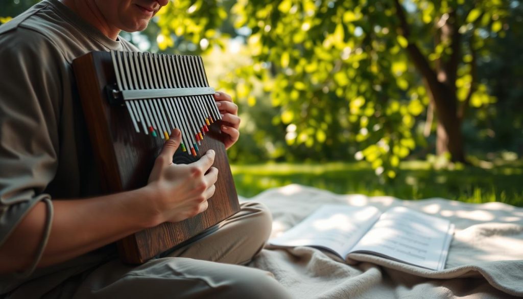 A serene, inviting scene depicting a calm outdoor space where a musician plays a kalimba, focusing on the rhythm and tempo of the music. In the foreground, the musician, dressed in modest casual clothing, gently holds the kalimba, with their fingers poised over the colorful notes. In the middle ground, a soft blanket is spread out with sheet music, subtly hinting at the beginner's partition. In the background, soft dappled sunlight filters through lush green leaves, creating an atmosphere of tranquility and focus. The scene conveys a sense of concentration and joy, evoking the essence of music in harmony with nature. The composition is balanced, with a shallow depth of field that keeps the focus on the musician while softly blurring the surrounding elements. A serene, inviting scene depicting a calm outdoor space where a musician plays a kalimba, focusing on the rhythm and tempo of the music. In the foreground, the musician, dressed in modest casual clothing, gently holds the kalimba, with their fingers poised over the colorful notes. In the middle ground, a soft blanket is spread out with sheet music, subtly hinting at the beginner's partition. In the background, soft dappled sunlight filters through lush green leaves, creating an atmosphere of tranquility and focus. The scene conveys a sense of concentration and joy, evoking the essence of music in harmony with nature. The composition is balanced, with a shallow depth of field that keeps the focus on the musician while softly blurring the surrounding elements.