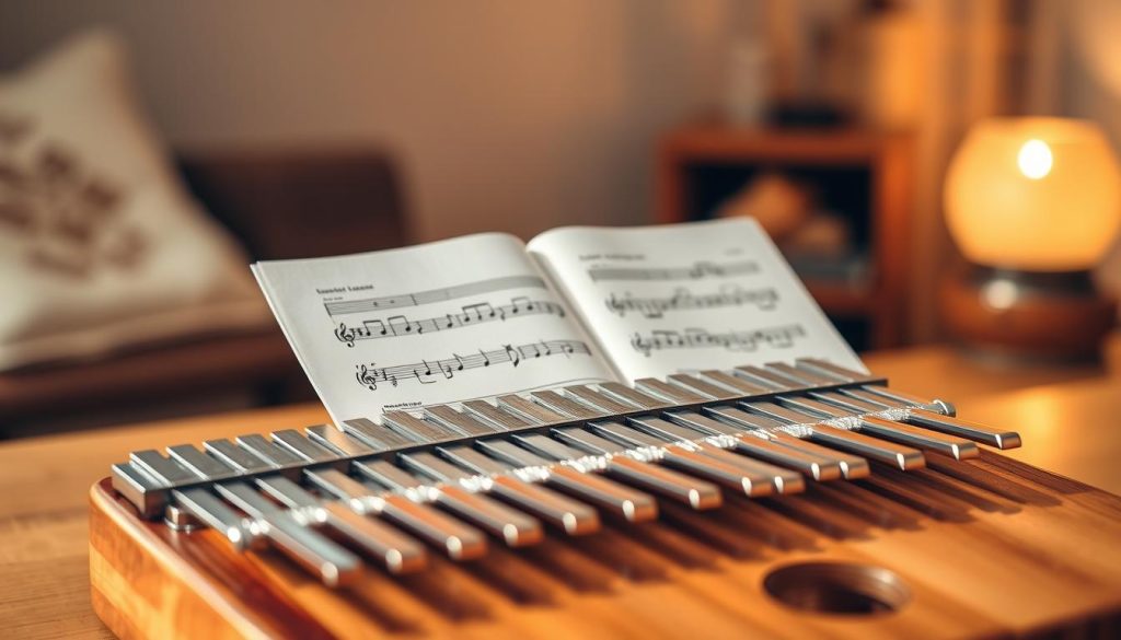 A serene, well-lit tabletop scene featuring a kalimba and a beautifully arranged sheet of kalimba tablature, showcasing notes and finger placements. In the foreground, focus on a close-up of the kalimba's polished wood, with vibrant metal tines gleaming under soft, warm lighting. The middle layer displays an open tablature, clearly illustrating the simplified notes without the need for traditional musical notation. In the background, a subtle blur of soft, earthy tones enhances the atmosphere, suggesting a cozy room filled with creativity. The overall mood is inviting and tranquil, ideal for musical exploration. A serene, well-lit tabletop scene featuring a kalimba and a beautifully arranged sheet of kalimba tablature, showcasing notes and finger placements. In the foreground, focus on a close-up of the kalimba's polished wood, with vibrant metal tines gleaming under soft, warm lighting. The middle layer displays an open tablature, clearly illustrating the simplified notes without the need for traditional musical notation. In the background, a subtle blur of soft, earthy tones enhances the atmosphere, suggesting a cozy room filled with creativity. The overall mood is inviting and tranquil, ideal for musical exploration.
