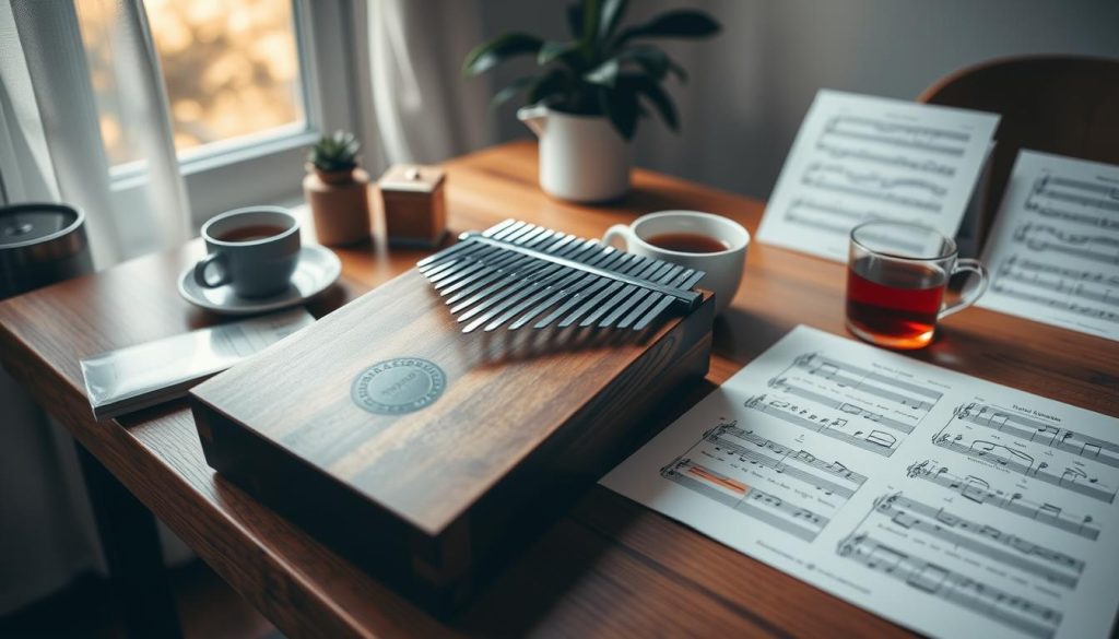 A serene, well-organized workspace designed for learning the kalimba, with a close-up focus on a beautifully crafted 17-key kalimba resting atop a wooden table. Surrounding the kalimba, neatly arranged notations and sheet music for "Au clair de la lune" are visible, with highlighted sections indicating beginner-friendly parts. In the background, soft natural light filters through a window, casting gentle shadows and creating a calming atmosphere. Elements like a cup of tea and a potted plant add warmth and comfort to the scene. The overall mood is inviting and peaceful, perfect for a beginner's learning environment, encouraging exploration and creativity. The angle is slightly elevated, providing a clear view of the workspace without distractions or additional elements. A serene, well-organized workspace designed for learning the kalimba, with a close-up focus on a beautifully crafted 17-key kalimba resting atop a wooden table. Surrounding the kalimba, neatly arranged notations and sheet music for "Au clair de la lune" are visible, with highlighted sections indicating beginner-friendly parts. In the background, soft natural light filters through a window, casting gentle shadows and creating a calming atmosphere. Elements like a cup of tea and a potted plant add warmth and comfort to the scene. The overall mood is inviting and peaceful, perfect for a beginner's learning environment, encouraging exploration and creativity. The angle is slightly elevated, providing a clear view of the workspace without distractions or additional elements.