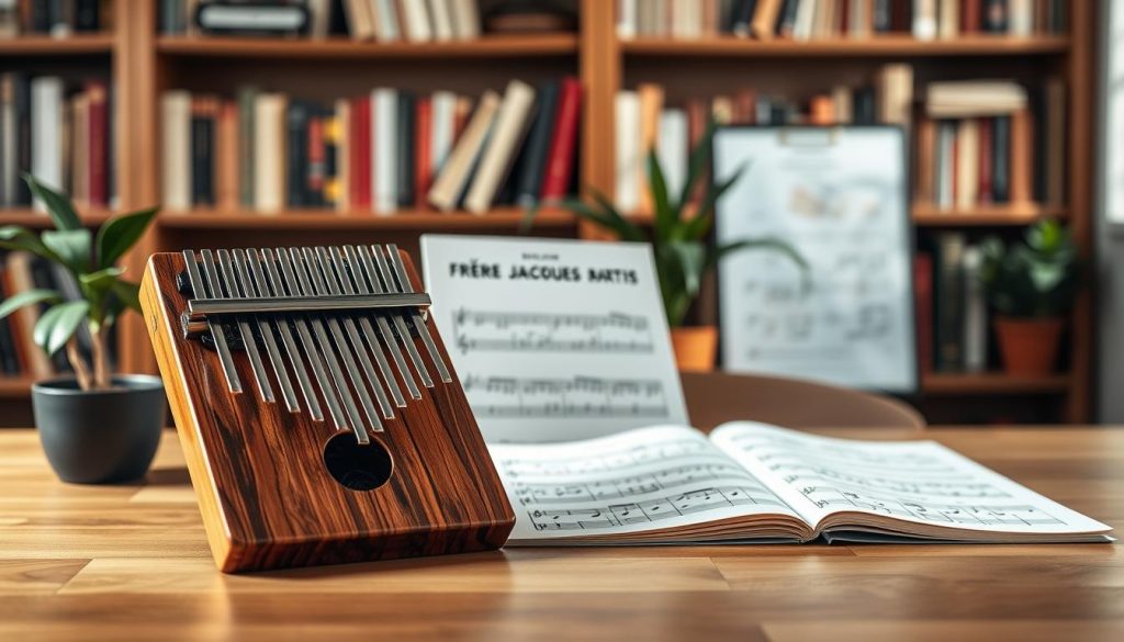 A stylish, detailed kalimba sheet music partition showcasing "Frère Jacques," elegantly laid out on a wooden table, with a colorful, beginner-friendly tablature. In the foreground, a polished kalimba with gleaming metal tines rests gracefully beside the sheet music. The middle layer features soft, warm natural lighting illuminating the partition, highlighting the musical notations and vibrant colors of the tablature. The background displays a cozy, inviting room with bookshelves filled with music books and a potted plant, creating a tranquil atmosphere for learning music. A shallow depth of field blurs the background slightly, focusing attention on the kalimba and the sheet music, evoking a sense of calm and inspiration for novice musicians. A stylish, detailed kalimba sheet music partition showcasing "Frère Jacques," elegantly laid out on a wooden table, with a colorful, beginner-friendly tablature. In the foreground, a polished kalimba with gleaming metal tines rests gracefully beside the sheet music. The middle layer features soft, warm natural lighting illuminating the partition, highlighting the musical notations and vibrant colors of the tablature. The background displays a cozy, inviting room with bookshelves filled with music books and a potted plant, creating a tranquil atmosphere for learning music. A shallow depth of field blurs the background slightly, focusing attention on the kalimba and the sheet music, evoking a sense of calm and inspiration for novice musicians.
