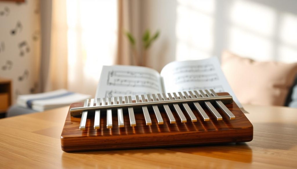 A beautifully arranged kalimba set against a soft, warm-toned wooden table. In the foreground, showcase a detailed kalimba with 17 metal keys reflecting the light, arranged in a fan-like formation, inviting the viewer to explore its musical potential. In the middle ground, include an open sheet of colorful partitions with simple melodies printed on it, perhaps with a few notes and symbols visible, suggesting a learning atmosphere. The background should feature a cozy, softly lit room with musical notes subtly integrated into the walls, enhancing the atmosphere of creativity and practice. Soft diffused natural light filters through a nearby window, casting gentle shadows and creating an inviting mood for musical exploration.
