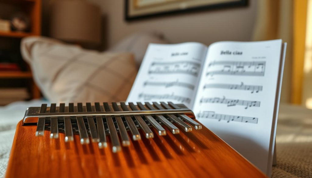 A beautifully arranged kalimba showcasing a musical score with the notes for "Bella ciao" prominently displayed. In the foreground, focus on the kalimba's wooden frame with clear, polished tines glimmering under soft, warm light. The middle ground features a neatly arranged sheet of music, with notes clearly visible, symbolizing an easy-to-read partition. In the background, a subtle blur of a cozy, inviting room evokes a sense of creativity and calm, with soft shadows created by gentle, diffused lighting. The atmosphere should reflect a serene, musical ambiance, perfect for a practice session. Capture this scene with a slightly elevated angle, emphasizing both the instrument and the music, enhancing the focus on the artistry of playing the kalimba. A beautifully arranged kalimba showcasing a musical score with the notes for "Bella ciao" prominently displayed. In the foreground, focus on the kalimba's wooden frame with clear, polished tines glimmering under soft, warm light. The middle ground features a neatly arranged sheet of music, with notes clearly visible, symbolizing an easy-to-read partition. In the background, a subtle blur of a cozy, inviting room evokes a sense of creativity and calm, with soft shadows created by gentle, diffused lighting. The atmosphere should reflect a serene, musical ambiance, perfect for a practice session. Capture this scene with a slightly elevated angle, emphasizing both the instrument and the music, enhancing the focus on the artistry of playing the kalimba.