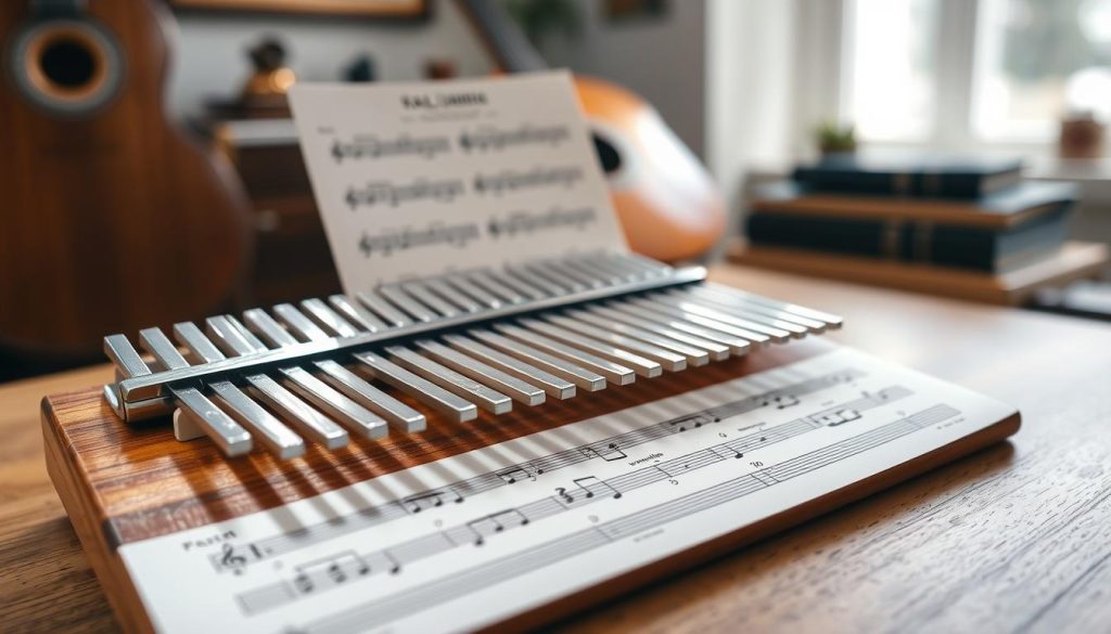 A beautifully arranged sheet music of a kalimba partition featuring the notes in a clear and organized layout, with numbers placed underneath each note for easy reading. The foreground showcases the kalimba itself, made from polished wood with shiny metal tines, reflecting soft natural light. In the middle layer, the sheet music is elegantly displayed on a wooden table, with a slight tilt to create depth. The background features a blurred musical setting, maybe with hints of other instruments or a cozy music room, enhancing a warm and inviting atmosphere. The lighting is soft and diffused, creating an intimate mood, perfect for a musical environment. A beautifully arranged sheet music of a kalimba partition featuring the notes in a clear and organized layout, with numbers placed underneath each note for easy reading. The foreground showcases the kalimba itself, made from polished wood with shiny metal tines, reflecting soft natural light. In the middle layer, the sheet music is elegantly displayed on a wooden table, with a slight tilt to create depth. The background features a blurred musical setting, maybe with hints of other instruments or a cozy music room, enhancing a warm and inviting atmosphere. The lighting is soft and diffused, creating an intimate mood, perfect for a musical environment.
