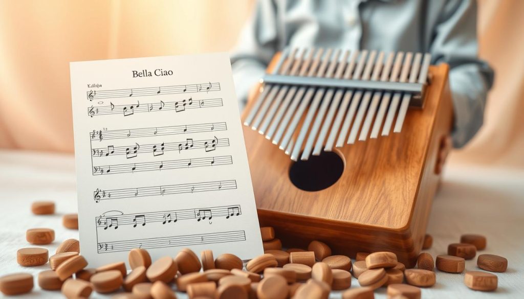 A beautifully detailed illustration of a kalimba tablature sheet, prominently displayed in the foreground. The tablature features clear, bold lines, each note accurately represented with kolay symbols, conveying a sense of precision for the piece "Bella Ciao". Surrounding the tablature, scattered kalimba keys, reflecting natural wood textures, evoke a warm and inviting atmosphere. In the middle background, softly blurred hands playing a kalimba, dressed in casual yet tidy attire, emphasize the interactive nature of music. The background is adorned with a softly gradient backdrop in warm pastel colors, creating a serene and focused mood. Natural lighting highlights the tablature’s details, enhancing the overall composition with a gentle glow that emphasizes the passion of musical expression. A beautifully detailed illustration of a kalimba tablature sheet, prominently displayed in the foreground. The tablature features clear, bold lines, each note accurately represented with kolay symbols, conveying a sense of precision for the piece "Bella Ciao". Surrounding the tablature, scattered kalimba keys, reflecting natural wood textures, evoke a warm and inviting atmosphere. In the middle background, softly blurred hands playing a kalimba, dressed in casual yet tidy attire, emphasize the interactive nature of music. The background is adorned with a softly gradient backdrop in warm pastel colors, creating a serene and focused mood. Natural lighting highlights the tablature’s details, enhancing the overall composition with a gentle glow that emphasizes the passion of musical expression.