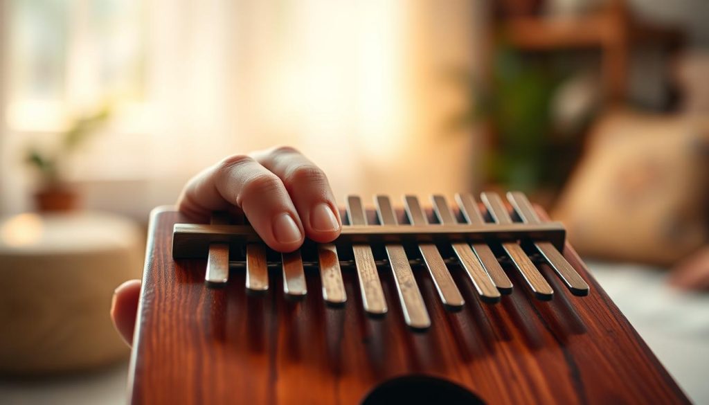 A close-up image of a pair of hands gracefully holding a kalimba, showcasing the correct finger positioning over the instrument's tines. The hands are positioned with fingers slightly curved, making contact with the tines while thumbs rest strategically over the holes. The foreground emphasizes the texture of the wooden kalimba and the unique shapes of the tines, capturing the natural grains and vibrant colors of the wood. In the background, softly blurred, a serene environment like a cozy room filled with soft, warm light, creating a tranquil atmosphere. The composition should evoke a sense of harmony and focus, as if the viewer is about to witness a gentle melody. Natural light is preferred to accentuate the details and warmth. A close-up image of a pair of hands gracefully holding a kalimba, showcasing the correct finger positioning over the instrument's tines. The hands are positioned with fingers slightly curved, making contact with the tines while thumbs rest strategically over the holes. The foreground emphasizes the texture of the wooden kalimba and the unique shapes of the tines, capturing the natural grains and vibrant colors of the wood. In the background, softly blurred, a serene environment like a cozy room filled with soft, warm light, creating a tranquil atmosphere. The composition should evoke a sense of harmony and focus, as if the viewer is about to witness a gentle melody. Natural light is preferred to accentuate the details and warmth.
