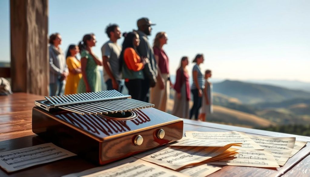 A serene and reflective scene depicting the essence of "Bella Ciao" as a historical anthem. In the foreground, a delicate kalimba rests on a wooden table, its beautiful, polished surface glinting in soft morning light. Scattered around the kalimba, sheet music featuring simplified notes on a rustic parchment hints at its easy-to-play versions. In the middle ground, a silhouette of a group of diverse people, dressed in modest casual clothing, stands united, their faces expressing hope and resilience as they look towards the horizon. The background features rolling hills under a clear blue sky, symbolizing a journey of struggle and freedom. The overall atmosphere is warm and uplifting, with an emphasis on the enduring legacy of the song that transcends boundaries. A serene and reflective scene depicting the essence of "Bella Ciao" as a historical anthem. In the foreground, a delicate kalimba rests on a wooden table, its beautiful, polished surface glinting in soft morning light. Scattered around the kalimba, sheet music featuring simplified notes on a rustic parchment hints at its easy-to-play versions. In the middle ground, a silhouette of a group of diverse people, dressed in modest casual clothing, stands united, their faces expressing hope and resilience as they look towards the horizon. The background features rolling hills under a clear blue sky, symbolizing a journey of struggle and freedom. The overall atmosphere is warm and uplifting, with an emphasis on the enduring legacy of the song that transcends boundaries.