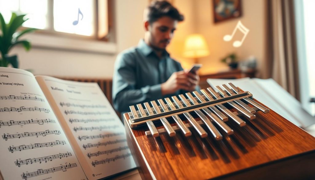 A serene indoor setting featuring a wooden kalimba prominently in the foreground, its 17 polished metal tines glistening under soft, warm light. The kalimba is surrounded by sheet music displaying simplified melodies, symbolizing the learning process. In the middle ground, a musician gently playing the kalimba, dressed in modest casual clothing, with focused expression reflecting concentration and creativity. The background includes softly blurred musical notes floating in the air, creating a dreamy atmosphere. The lighting is warm and inviting, captured at a slight angle to emphasize the elegance of the instrument. Overall, the image conveys a peaceful and inspiring vibe, encapsulating the essence of musical techniques. A serene indoor setting featuring a wooden kalimba prominently in the foreground, its 17 polished metal tines glistening under soft, warm light. The kalimba is surrounded by sheet music displaying simplified melodies, symbolizing the learning process. In the middle ground, a musician gently playing the kalimba, dressed in modest casual clothing, with focused expression reflecting concentration and creativity. The background includes softly blurred musical notes floating in the air, creating a dreamy atmosphere. The lighting is warm and inviting, captured at a slight angle to emphasize the elegance of the instrument. Overall, the image conveys a peaceful and inspiring vibe, encapsulating the essence of musical techniques.